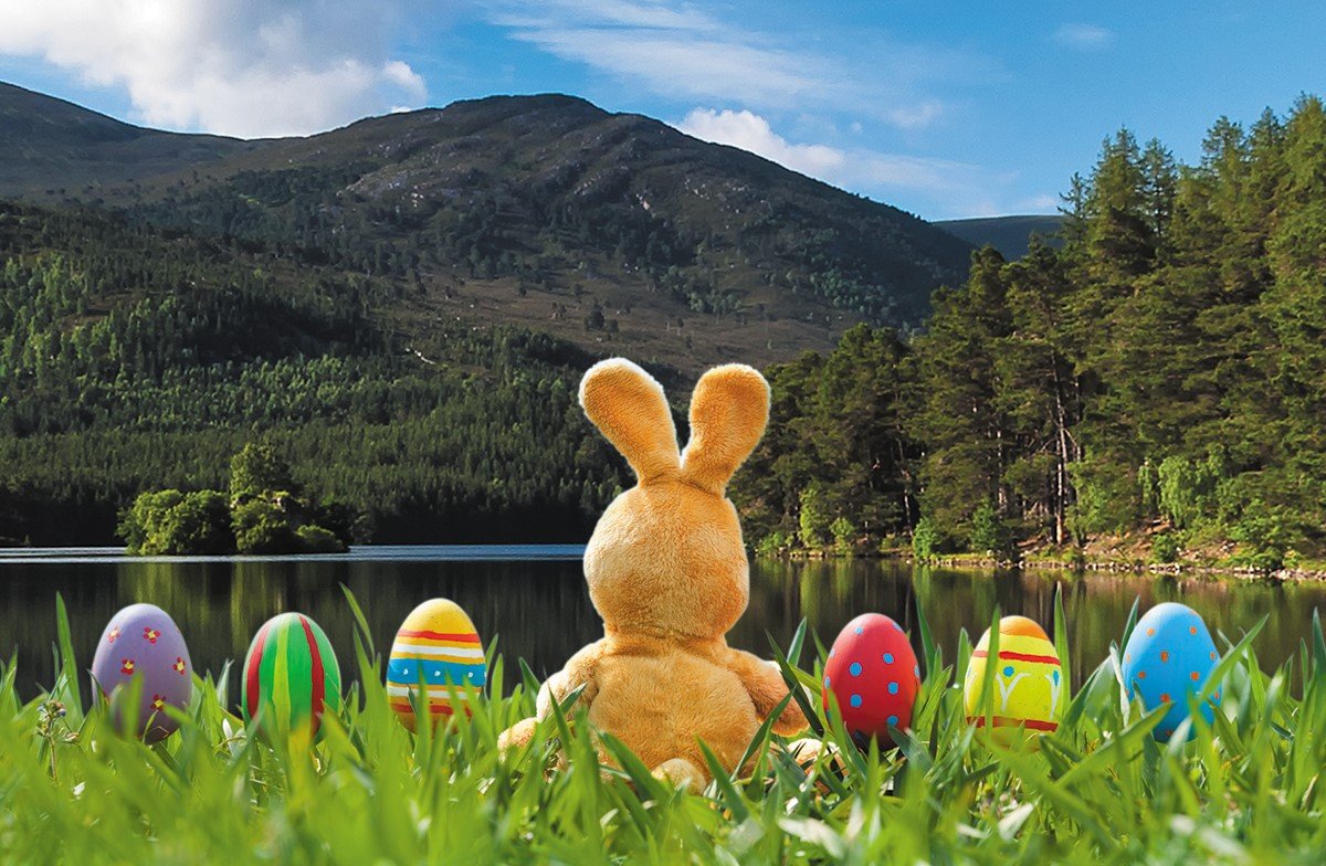 An Easter bunny and brightly painted eggs on at Loch an Eilein