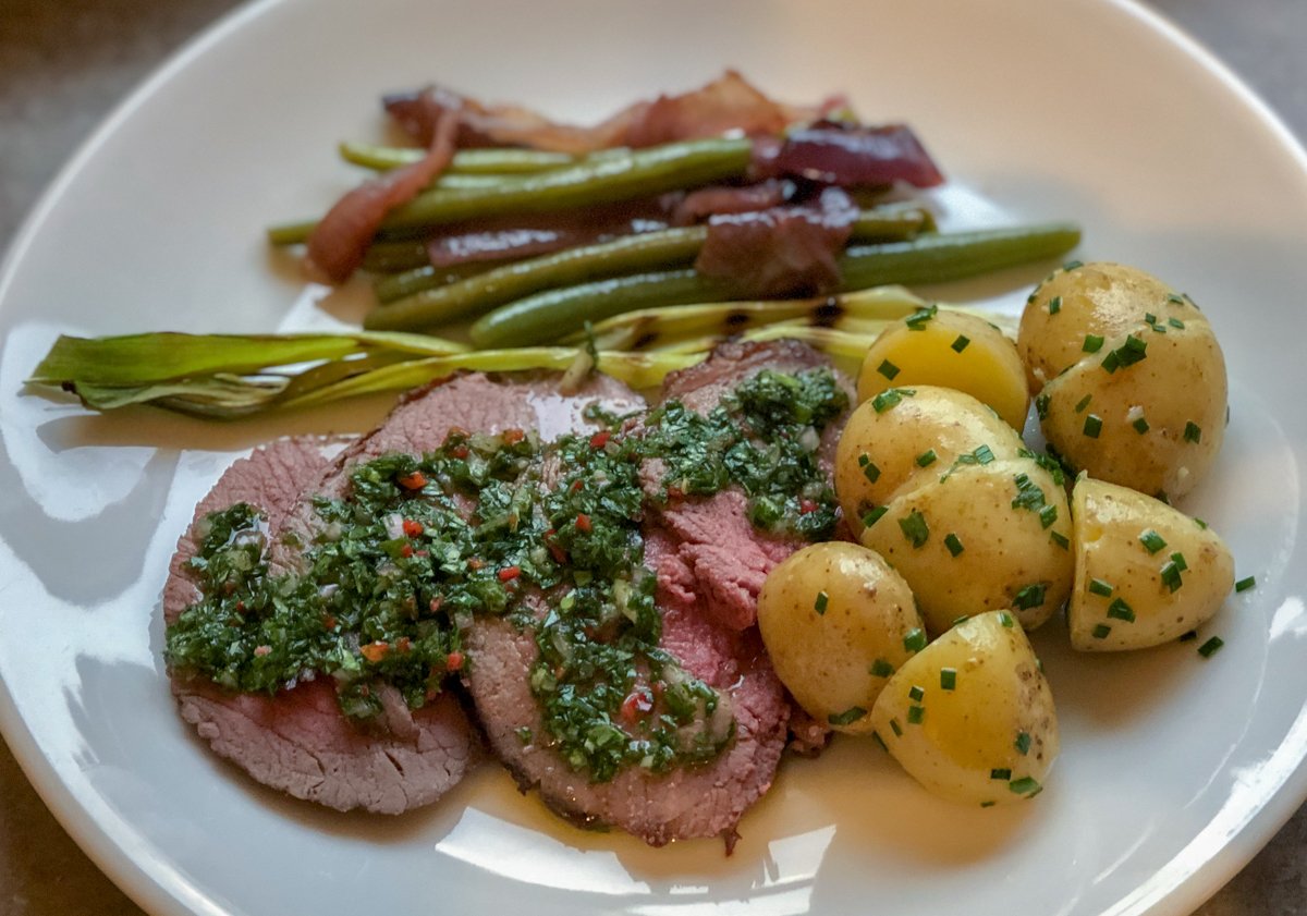 roast beef with chimichurri, new potatoes and green beans